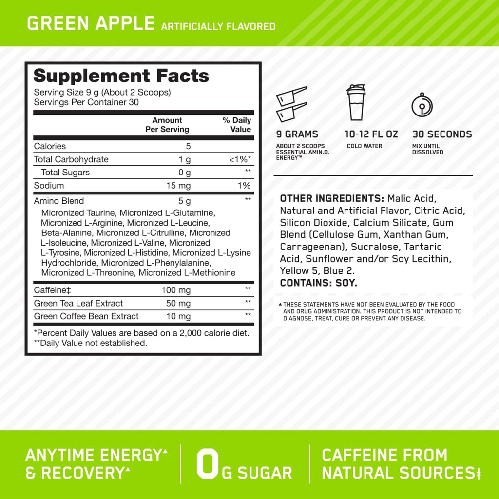 Optimum Nutrition Amino Energy with Green Tea and Green Coffee Extract, Flavor: Green Apple, 65 Servings, 1.29 Pound (Pack of 1) (Packaging May Vary) 4
