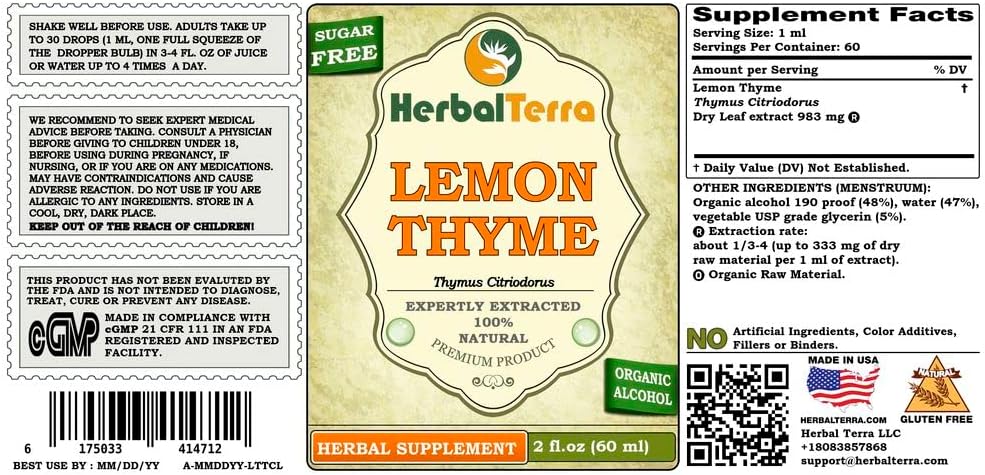 Lemon Thyme (Thymus x Citriodorus) Tincture, Organic Dried Herb Liquid Extract (Brand Name: HerbalTerra, Proudly Made in USA) 2 fl.oz (60 ml) 3