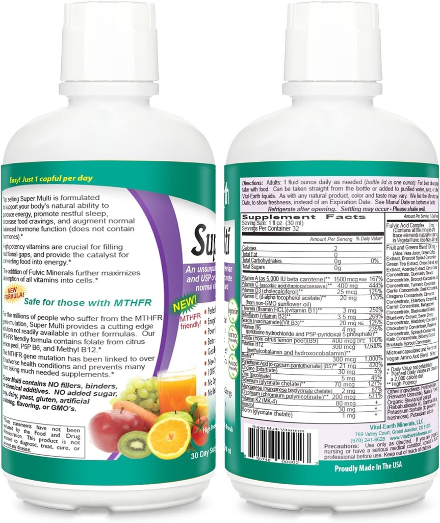 Vital Earth Minerals Super Multi 2-Pack – Liquid Multivitamins for Women, Men & Kids, Liquid Vitamins with Fulvic Acid for Better Absorption, MTHFR Support, 32 Oz Ea + 1 Oz Cup 3