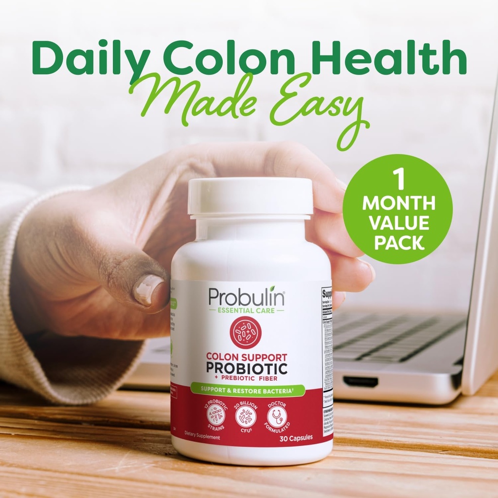 Probulin Colon Support Daily Probiotic + Prebiotic + Support Gut Health, Occasional Gas and Bloating - 20 Billion CFU - 12 Strains, 30 Vegan Capsules 5