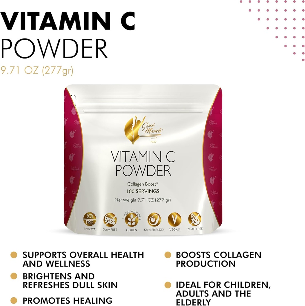 Cocó March N.M.D 1000 mg Vitamin C Powder- for Collagen Production & Immune Support, Zinc, Bromelain, Quercetin, L-Lysine - Free from: Gluten Dairy, Soy, GMOs, Vegan and Keto Friendly 10 Oz 5