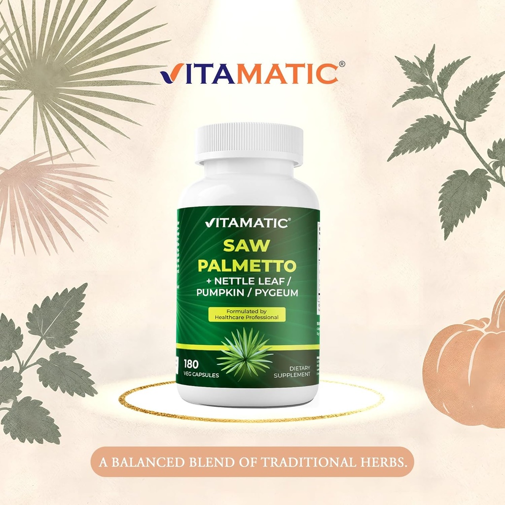 Vitamatic Saw Palmetto Extract for Men & Women 180 Veg Capsules - Made with Pumpkin Seed, Pygeum, Nettle Leaf - Made in The USA - Promotes Healthy Prostate Function 5