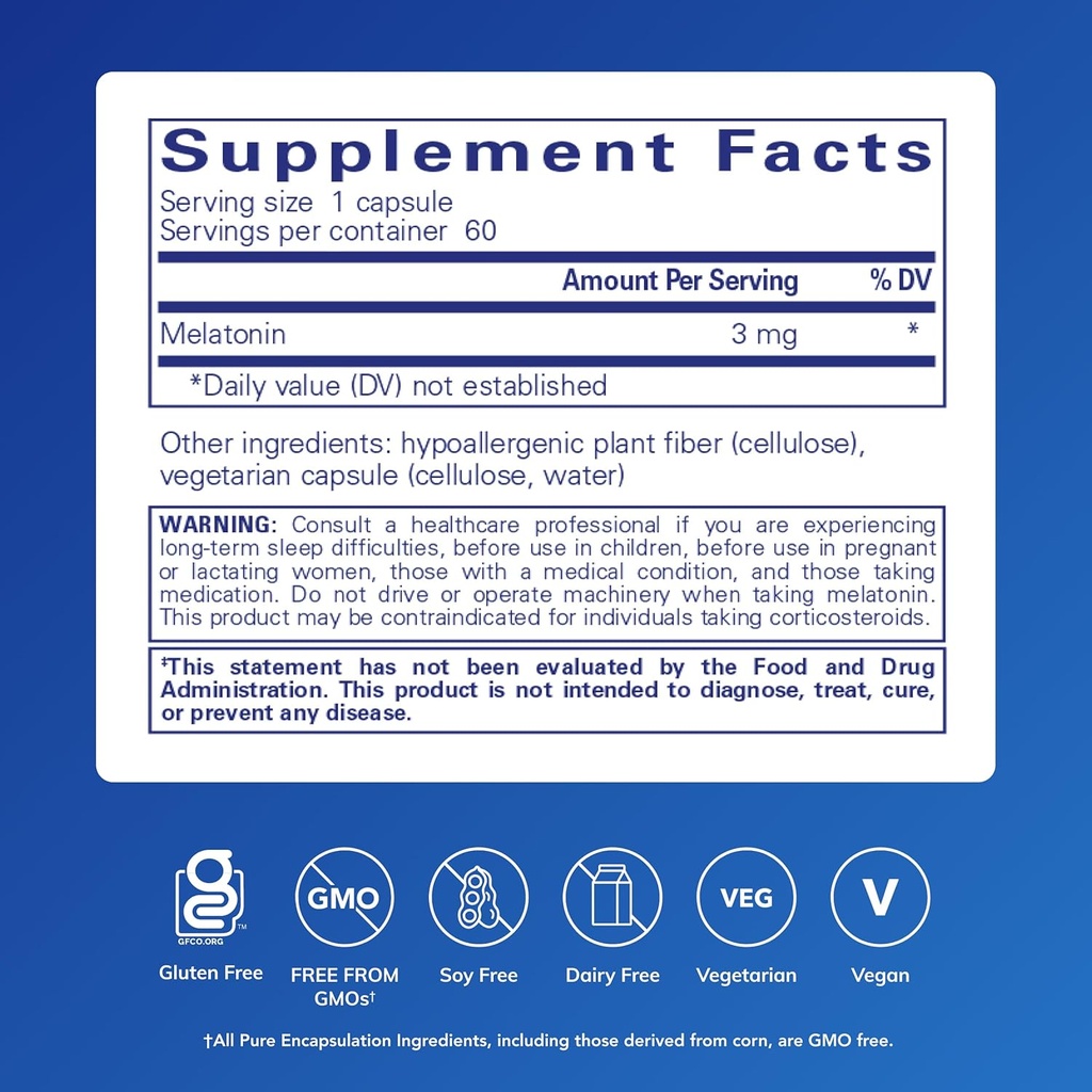 Pure Encapsulations Melatonin 3 mg - Antioxidant Supplement to Support Natural Sleeping & Relief of Occasional Sleeplessness - for Natural Sleep Support* - 60 Capsules 3