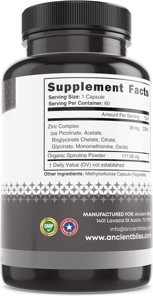 Zinc Complex Capsules with Enhanced Absorption, Antioxidant & Immune Support Supplement, Zinc Supplement for Men & Women by Ancient Bliss (60 Capsules) 6