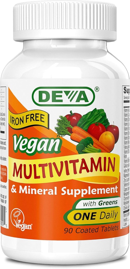 DEVA Vegan Multivitamin and Mineral Supplement - One Daily Vitamin Formula with Greens - Iron Free - 90 Coated Tablets, 1-Pack 2