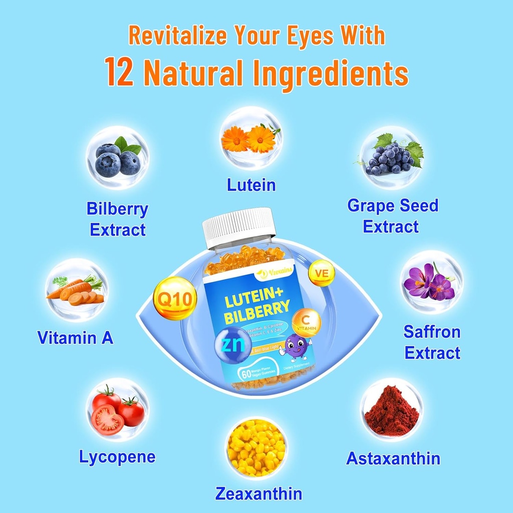 20mg Lutein & Zeaxanthin Gummies with Bilberry, Astaxanthin, Omega 3, Vitamin C, E - Sugar Free Eye Health Supplement for Adults & Kids - Dry Eye Relief, Vision Clarity, Macular Support 3