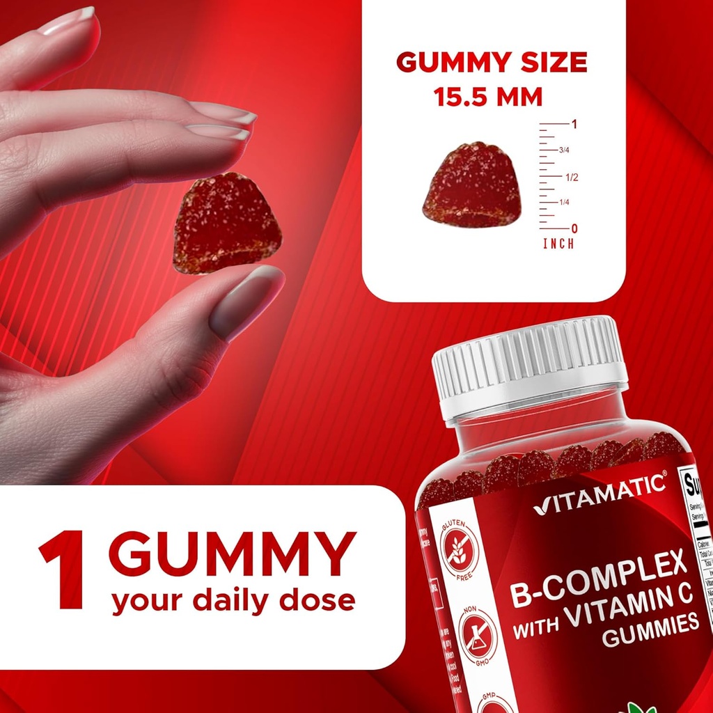 Vitamatic Vitamin B Complex Gummies with Vitamin C & Inositol - Natural Strawberry Flavor - 60 Gummies (2 Bottles) 4