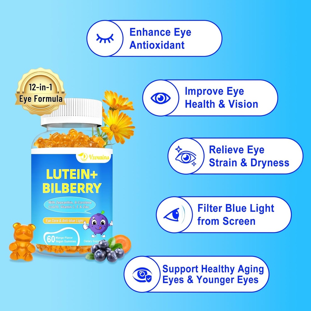 20mg Lutein & Zeaxanthin Gummies with Bilberry, Astaxanthin, Omega 3, Vitamin C, E - Sugar Free Eye Health Supplement for Adults & Kids - Dry Eye Relief, Vision Clarity, Macular Support 4