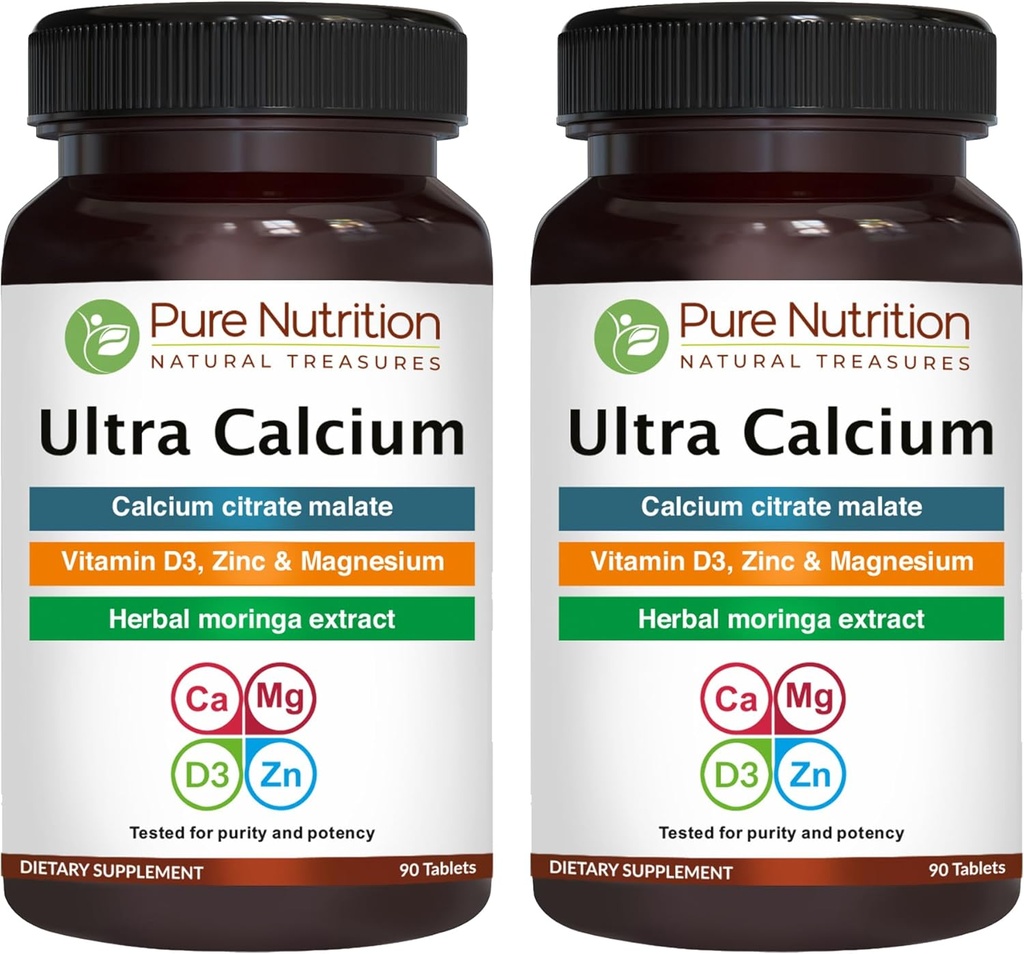Pure Nutrition Ultra Calcium 1000mg with VIT D3 + K2 | 180 Tabs (90 X Pack of 2) | Highly absorbable Calcium Supplement with Calcium Citrate Malate, VIT D3, K2, Moringa Oleifera, Magnesium and Zinc. 2