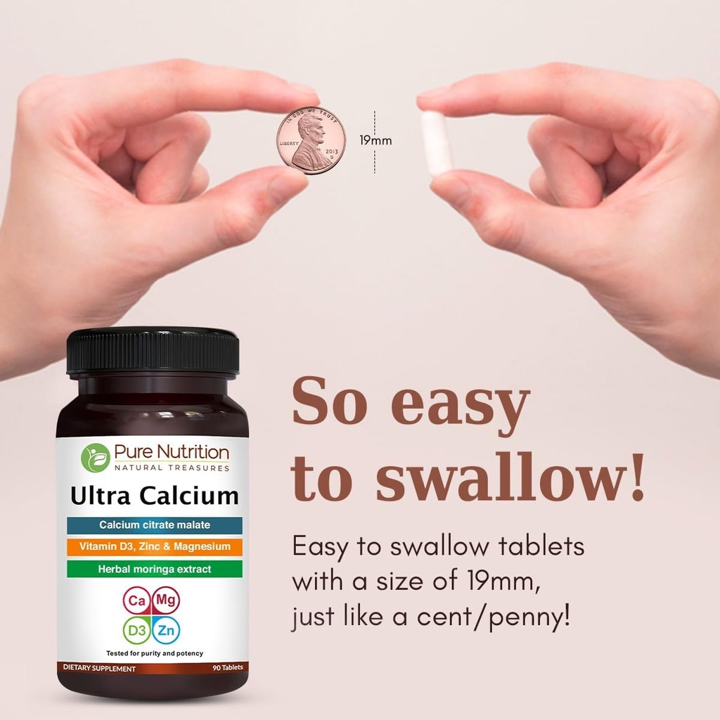 Pure Nutrition Ultra Calcium 1000mg with VIT D3 + K2 | 180 Tabs (90 X Pack of 2) | Highly absorbable Calcium Supplement with Calcium Citrate Malate, VIT D3, K2, Moringa Oleifera, Magnesium and Zinc. 3