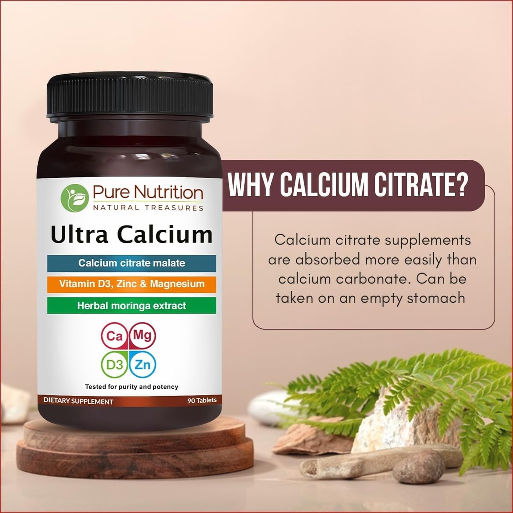 Pure Nutrition Ultra Calcium 1000mg with VIT D3 + K2 | 180 Tabs (90 X Pack of 2) | Highly absorbable Calcium Supplement with Calcium Citrate Malate, VIT D3, K2, Moringa Oleifera, Magnesium and Zinc. 4