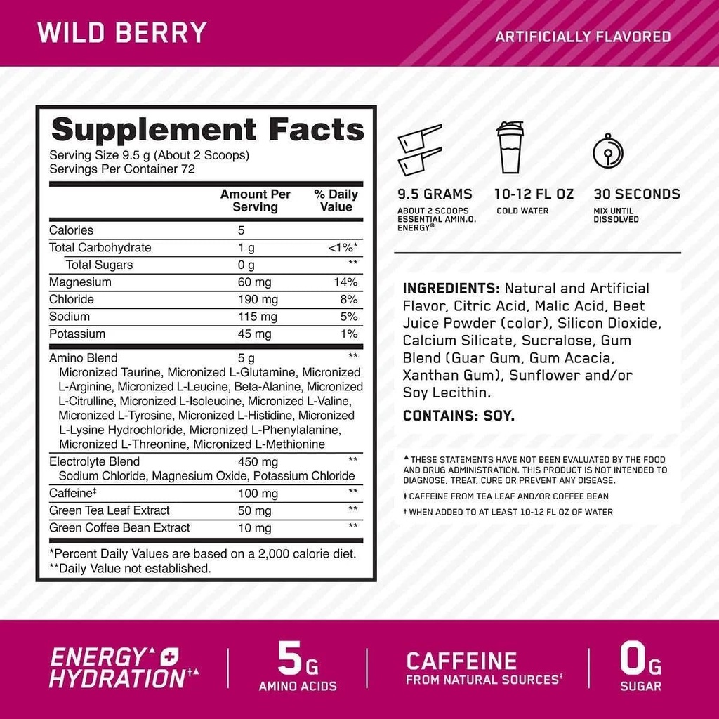 Optimum Nutrition Amino Energy + Hydration Wild Berry 72 Servings 3