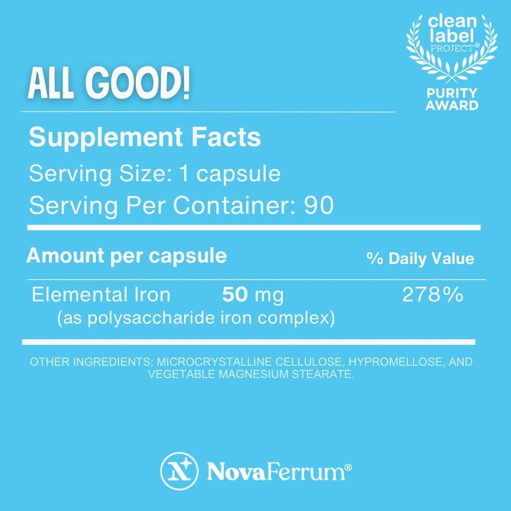 NovaFerrum All Good | Iron Capsule Supplements for Adults | Anemia | 50mg of Iron | 90 Servings | Sugar Free | Vegan | Gluten Free 4