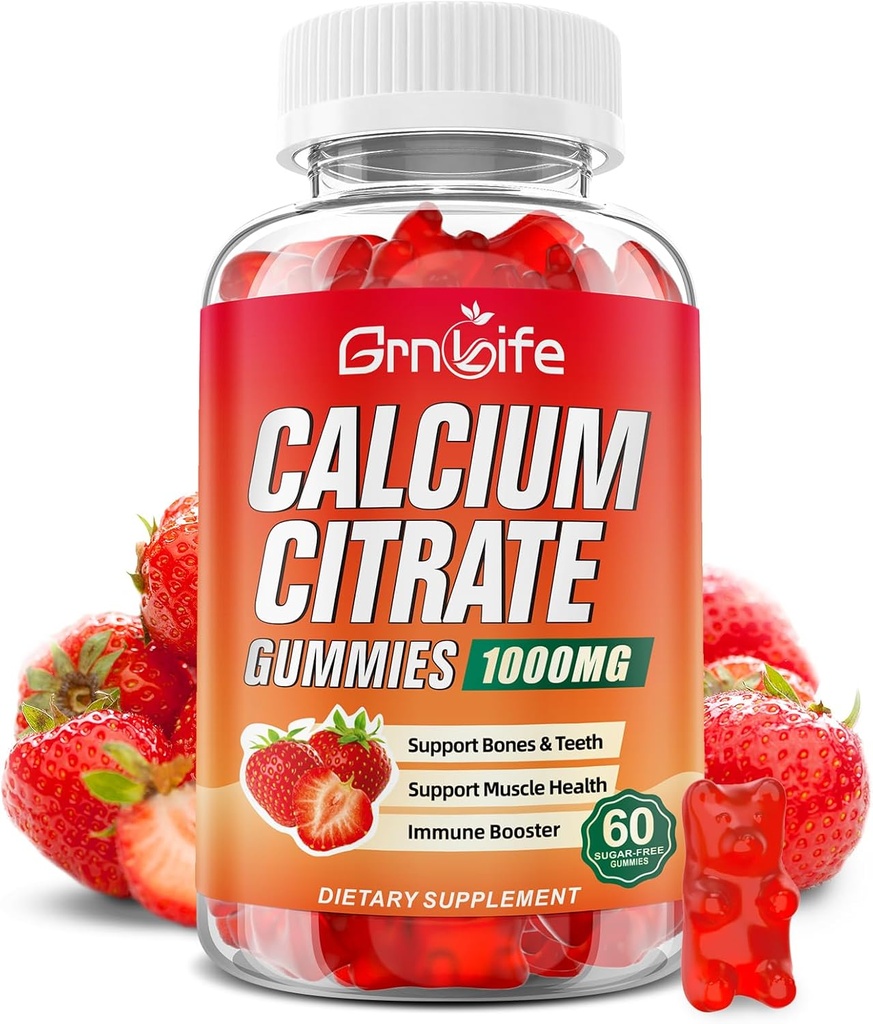 Calcium Citrate Gummies, Sugar Free Calcium Citrate 1000mg for Muscle Healthy, Absorption Calcium Supplements for Adults & Kids, Strawberry, 60 Count 2