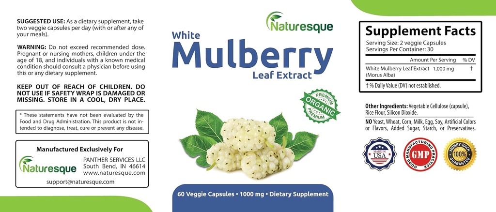 Naturesque White Mulberry Leaf Extract | 1000mg 60 Vegan Capsules | Non-GMO and Gluten Free Herbal Supplement 5
