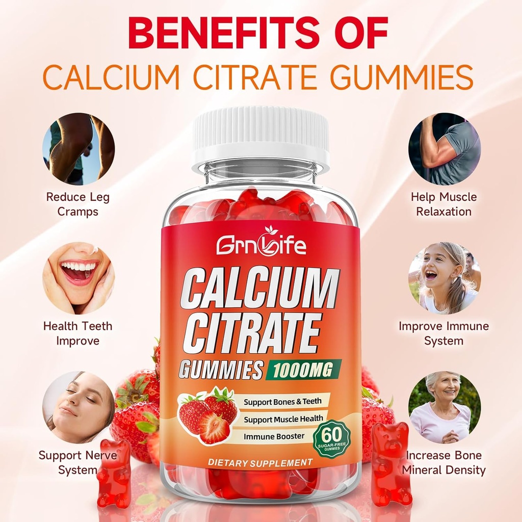 Calcium Citrate Gummies, Sugar Free Calcium Citrate 1000mg for Muscle Healthy, Absorption Calcium Supplements for Adults & Kids, Strawberry, 60 Count 4
