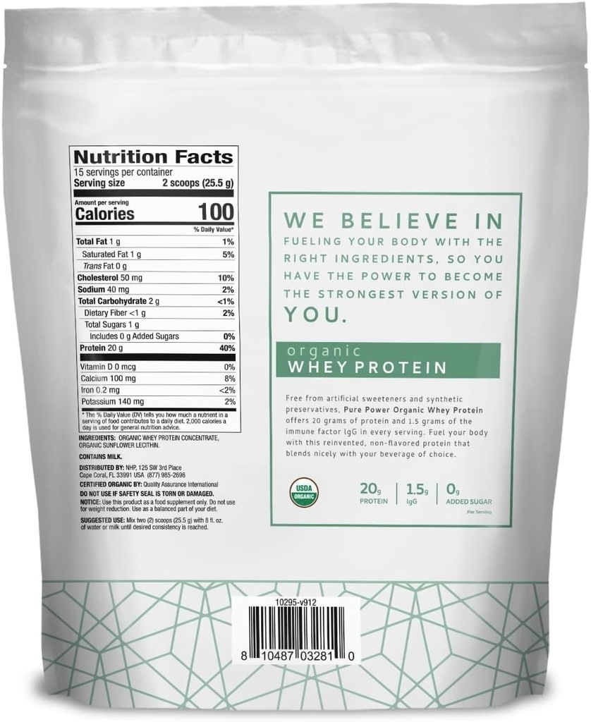 Dr. Mercola Pure Power Organic Whey Protein - 20 g Protein - Supports Muscle Growth & Energy - Grass-Fed Whey Concentrate - 15 Servings (20.60 oz) - Original 3