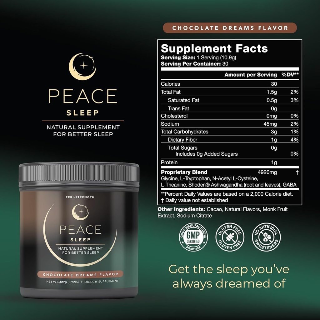 Peace Sleep - Sleep and Recovery Chocolate Powder Drink Mix - Sleep Aid Supplement with GABA, L-Tryptophan, L-Theanine, Glycine - for Tranquil Sleep, Restful Nights, Productive Days - Gluten Free 3