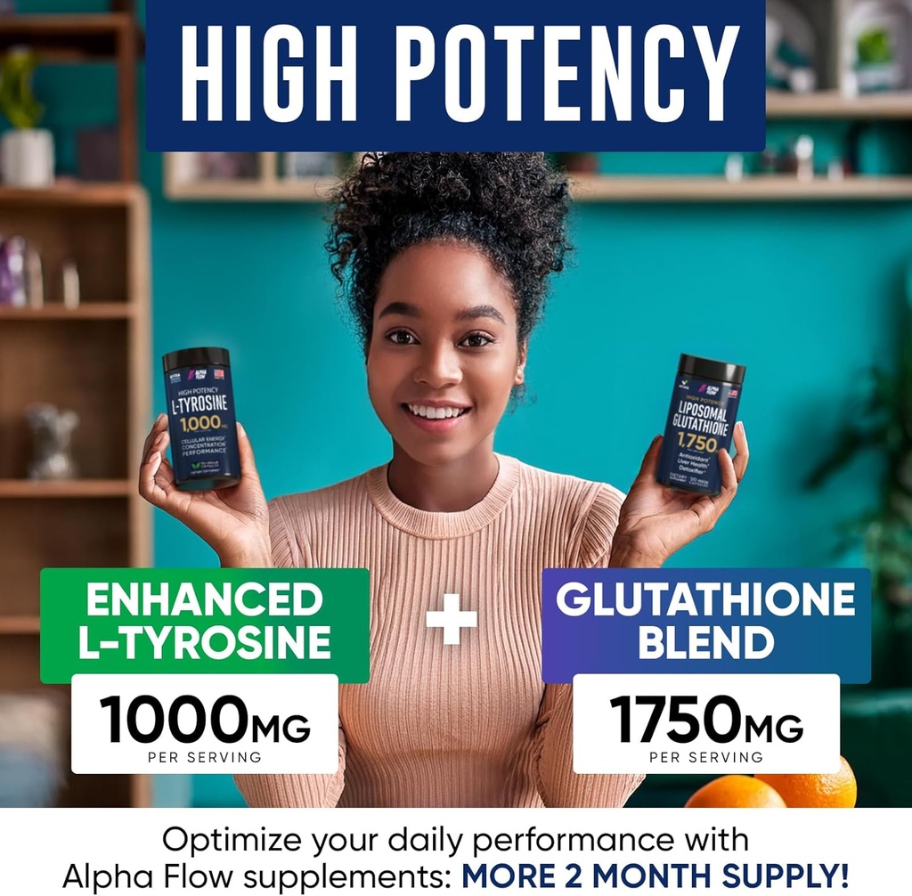 (Bundle) L Tyrosine 1000mg & Liposomal Glutathione 1750mg - All-Natural Focus, Energy, and Liver Support - Non-GMO, Gluten-Free, Vegan - 270 Capsules Total 3