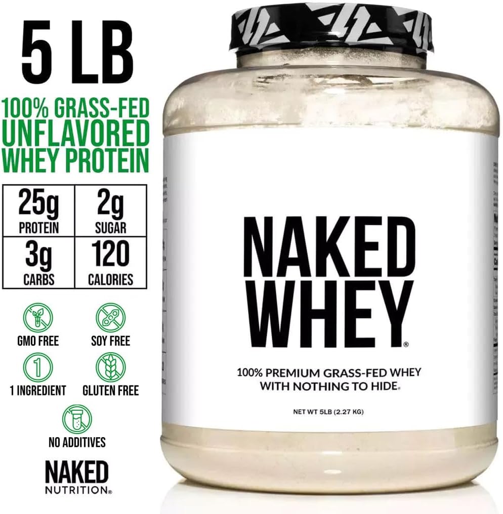 NAKED WHEY 5LB 100% Grass Fed Unflavored Whey Protein Powder - Only 1 Ingredient, Undenatured - No GMO, Soy or Gluten - No Preservatives - Promote Muscle Growth and Recovery - 76 Servings 6