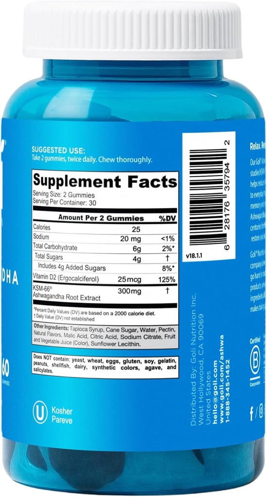 Goli Ashwagandha & Vitamin D Gummy - 60 Count - Mixed Berry, KSM-66, Vegan, Plant Based, Non-GMO, Gluten-Free & Gelatin Free Relax. Restore. Unwind, Pack of 1 5