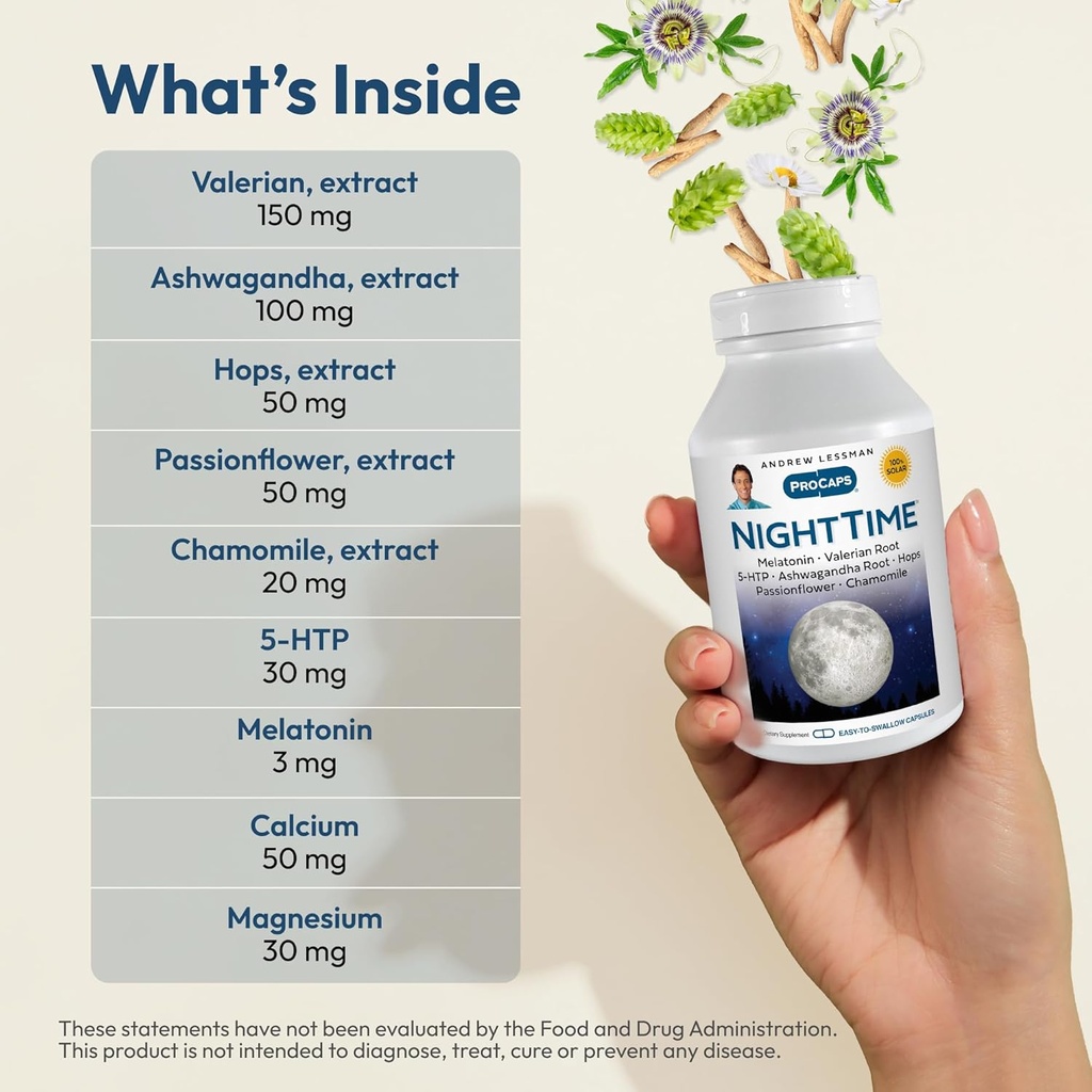 ANDREW LESSMAN Night Time 360 Capsules - 3mg Melatonin, Valerian, Ashwagandha, Passionflower, Hops, Chamomile. No Morning Grogginess. Natural Support, Gentle Restful Sleep. Easy to Swallow Capsules 4