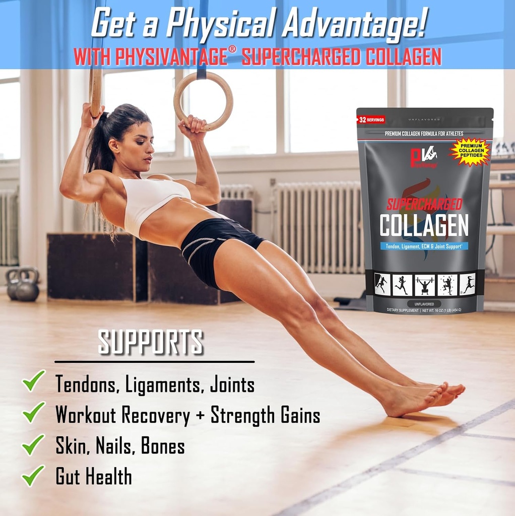 PhysiVantage Supercharged Collagen Peptides Powder - Hydrolyzed Collagen for Joint, Tendon, Ligament, & Skin Health Support - Unflavored, Keto, Paleo, 16oz | Enhanced with Vitamin C, BCAAs, Grass-Fed 3