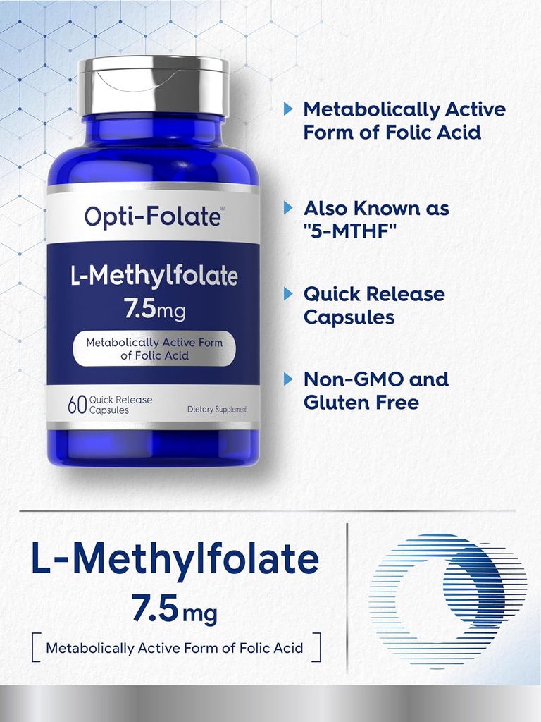 Carlyle L Methylfolate 7.5 mg | 60 Capsules | Optimized and Activated | Non-GMO, Gluten Free | Methyl Folate, 5-MTHF | by Opti-Folate 5