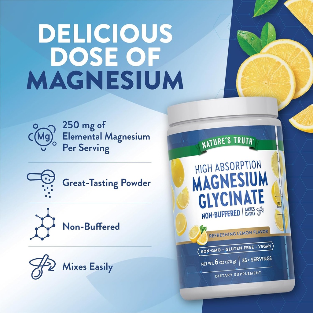 Nature's Truth Magnesium Glycinate Powder | 6 oz | Lemon Flavor | High Absorption | Vegan, Non-GMO, Gluten Free Supplement 6