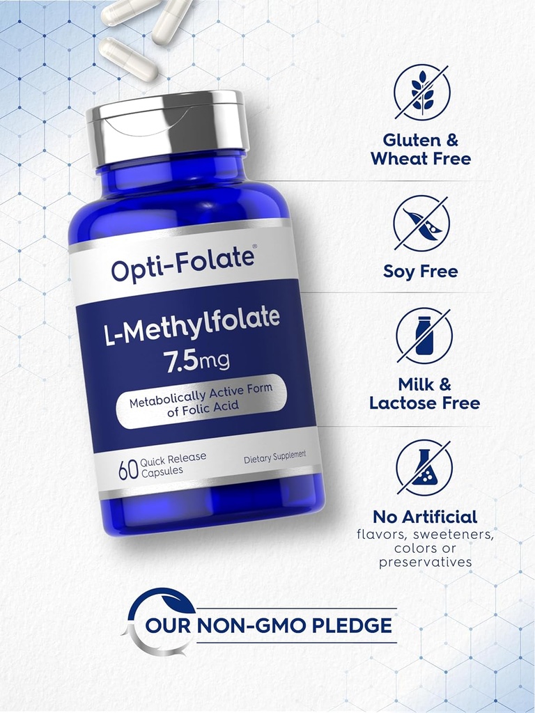 Carlyle L Methylfolate 7.5 mg | 60 Capsules | Optimized and Activated | Non-GMO, Gluten Free | Methyl Folate, 5-MTHF | by Opti-Folate 6
