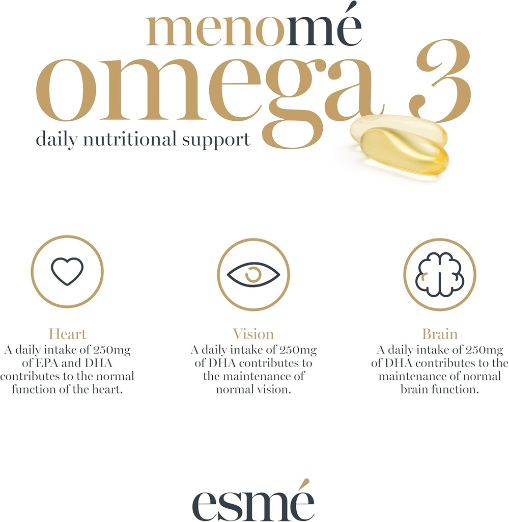 esmé menomé Omega 3 Daily Nutritional Support for perimenopause, Menopause, and postmenopause 60 Capsules 30 Day Supply Food Supplement 660mg EPA & 440mg DHA per Daily Serving 3