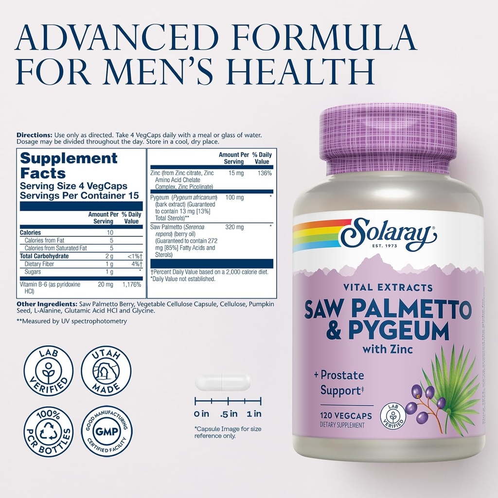 SOLARAY Saw Palmetto and Pygeum - Saw Palmetto for Men and Pygeum Bark - with Zinc, Vitamin B6, Pumpkin Seed and Amino Acids - Prostate Supplements for Men w/Beta Sitosterol, 30 Servings, 120 VegCaps 3