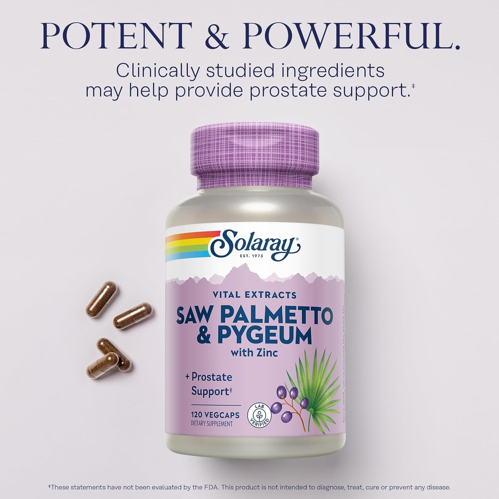 SOLARAY Saw Palmetto and Pygeum - Saw Palmetto for Men and Pygeum Bark - with Zinc, Vitamin B6, Pumpkin Seed and Amino Acids - Prostate Supplements for Men w/Beta Sitosterol, 30 Servings, 120 VegCaps 4