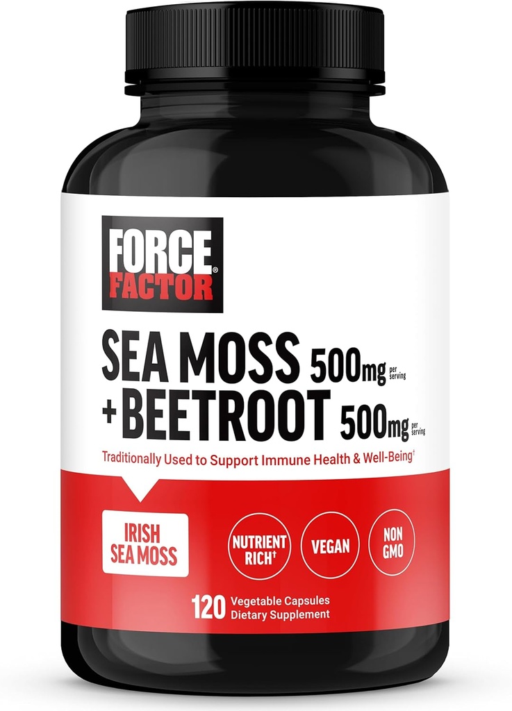 FORCE FACTOR Irish Sea Moss + Beet Root Supplement to Support Immunity, Circulation, Natural Energy, Heart Health, with Antioxidants, Non-GMO, Vegan-Friendly, Soy-Free, 120 Vegetable Capsules 2