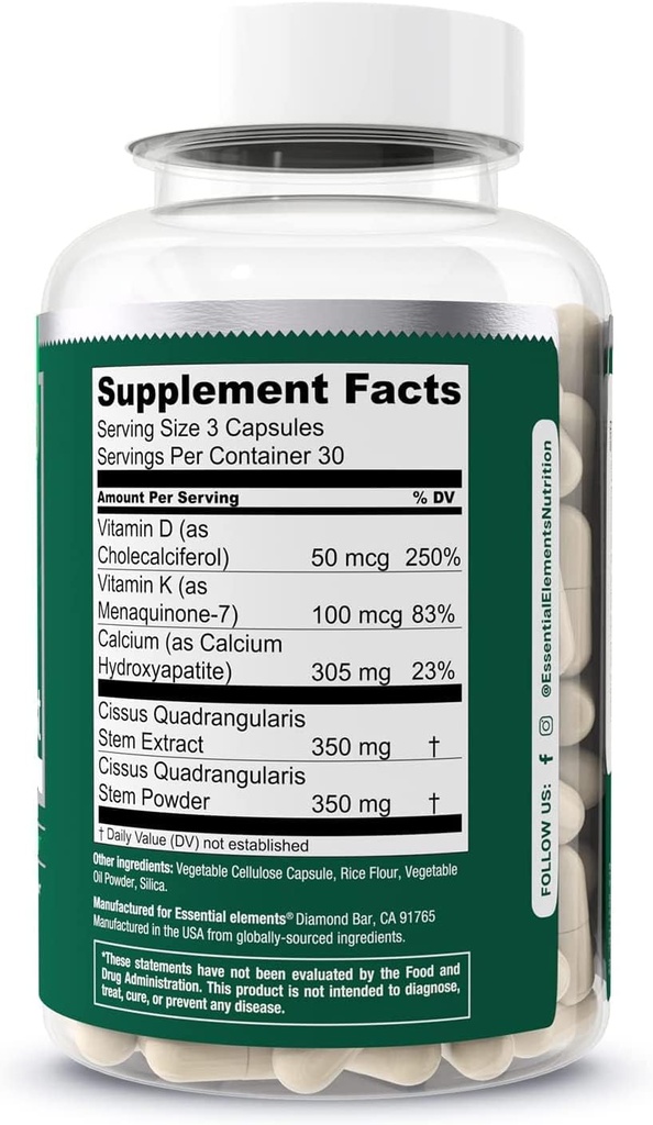 Essential Elements Bone Boost Bone Health Supplement - Bone Support and Calcium Supplement with Vitamin D 3, K2, Cissus Quadrangularis for Bone Strength - 180 Capsules (60 Day Supply) (2-Pack) 4