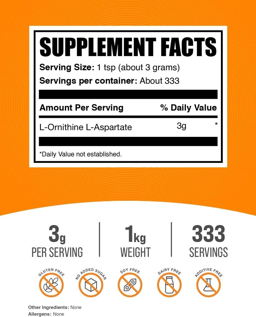 BulkSupplements.com L-Ornithine L-Aspartate Powder - Ornithine Supplement, Amino Acid Supplement - Gluten Free, 3g per Serving, 1kg (2.2 lbs) (Pack of 1) 3