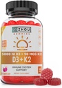 Zhou D3+K2 - Vitamin D3 K2 Supplement for Women & Men, Immune Support Vit D3 and K2 Gummy, Gelatin Free Formula with 5000 IU of D3 and MK-7 - 60 Veggie Gummies (Pack of 1) 2