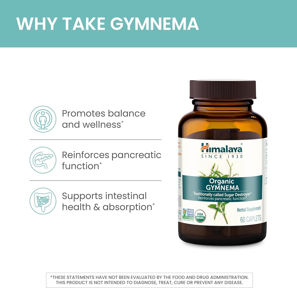Himalaya Organic Gymnema Sylvestre – Herbal Glucose Metabolism Support - USDA Organic, Non-GMO, Vegan, Gluten Free, Additive Free, 700 mg, 30 Caplets (Pack of 2) 6