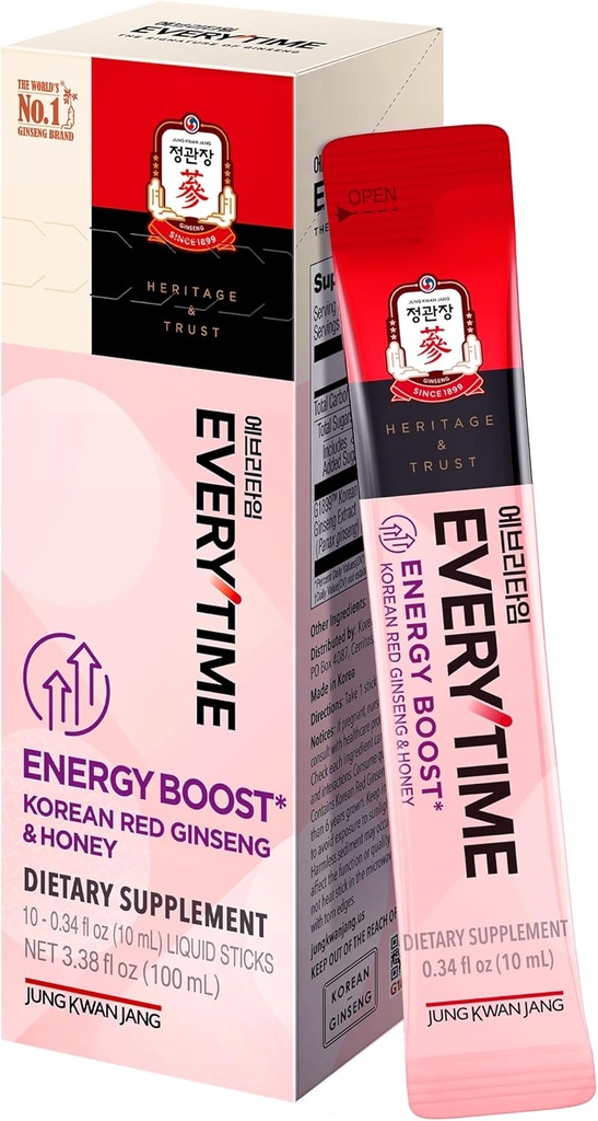 JUNG KWAN JANG Everytime Energy Boost Korean Red Ginseng Extract 1,000mg & Honey - Vegan Ginseng Energy Drink Liquid Stick Supplements - Builds Stamina & Immunity No Caffeine (10 Sticks, 0.34 fl oz) 2