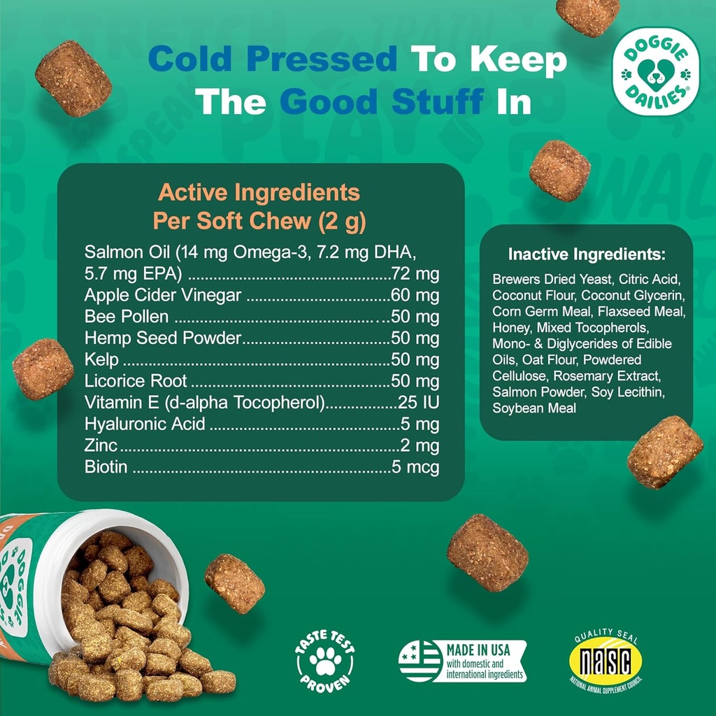 Doggie Dailies Omega 3, Salmon Oil & Nutrients for Skin, Coat & Allergy Support (Salmon, 225 Soft Chews) 6