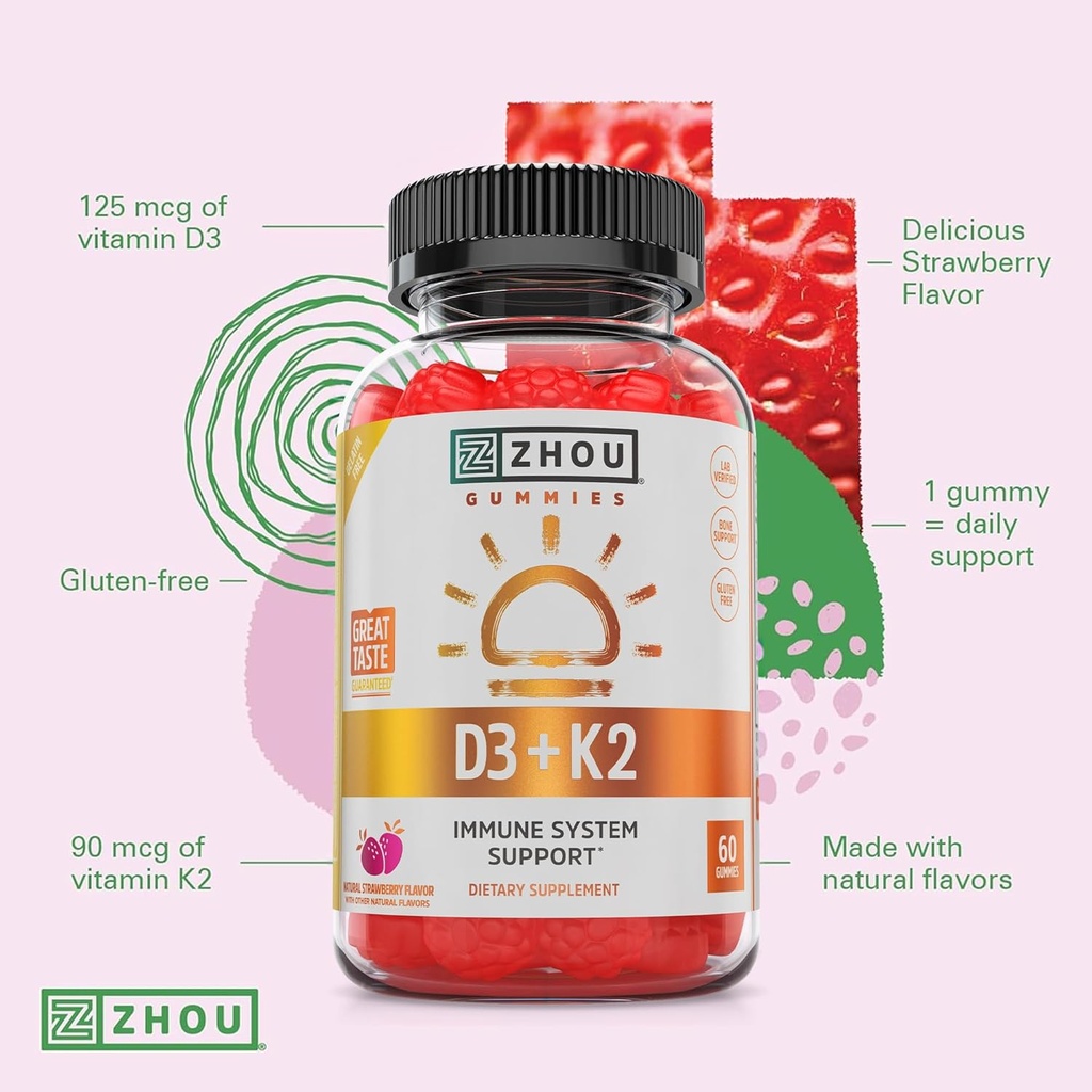 Zhou D3+K2 - Vitamin D3 K2 Supplement for Women & Men, Immune Support Vit D3 and K2 Gummy, Gelatin Free Formula with 5000 IU of D3 and MK-7 - 60 Veggie Gummies (Pack of 1) 6