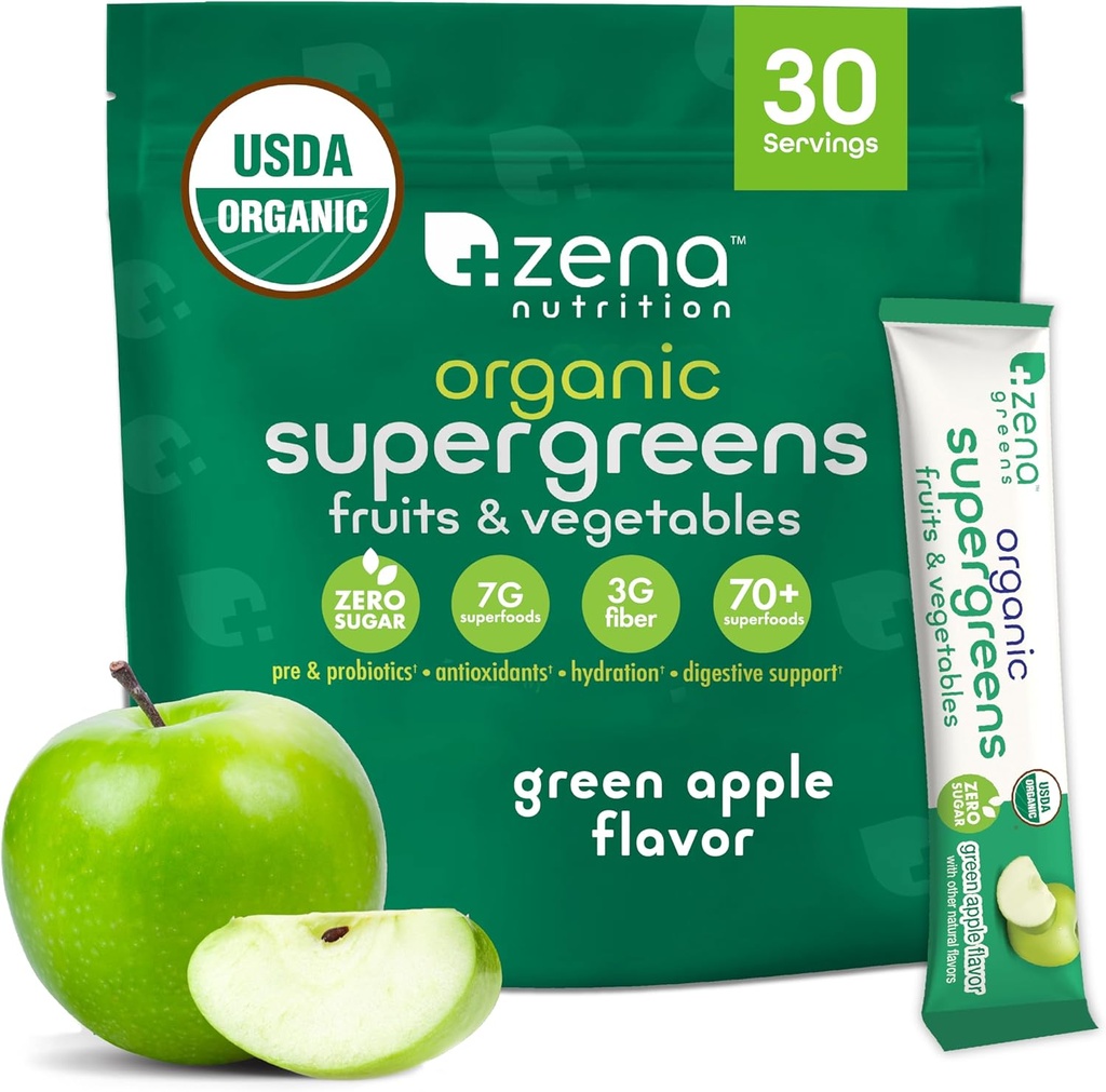 Zena Nutrition Organic Super Greens Powder, 70+ Superfoods, 0 Sugar, 3G Fiber, Spirulina, Chlorella, Antioxidants, Prebiotics/Probiotics, Digestive Enzymes, Green Apple, 30 Drink Mix Packets 2