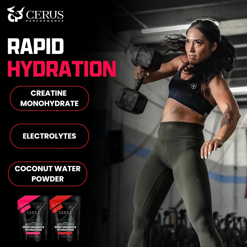 Cerus Performance - Performance Hydration Electrolyte Powder – Raspberry Flavor, 5g Creatine Monohydrate, 500mg Coconut Water Powder – Supports Endurance, Muscle Recovery & Keto 30 Servings 3