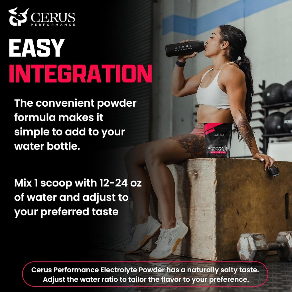 Cerus Performance - Performance Hydration Electrolyte Powder – Raspberry Flavor, 5g Creatine Monohydrate, 500mg Coconut Water Powder – Supports Endurance, Muscle Recovery & Keto 30 Servings 6