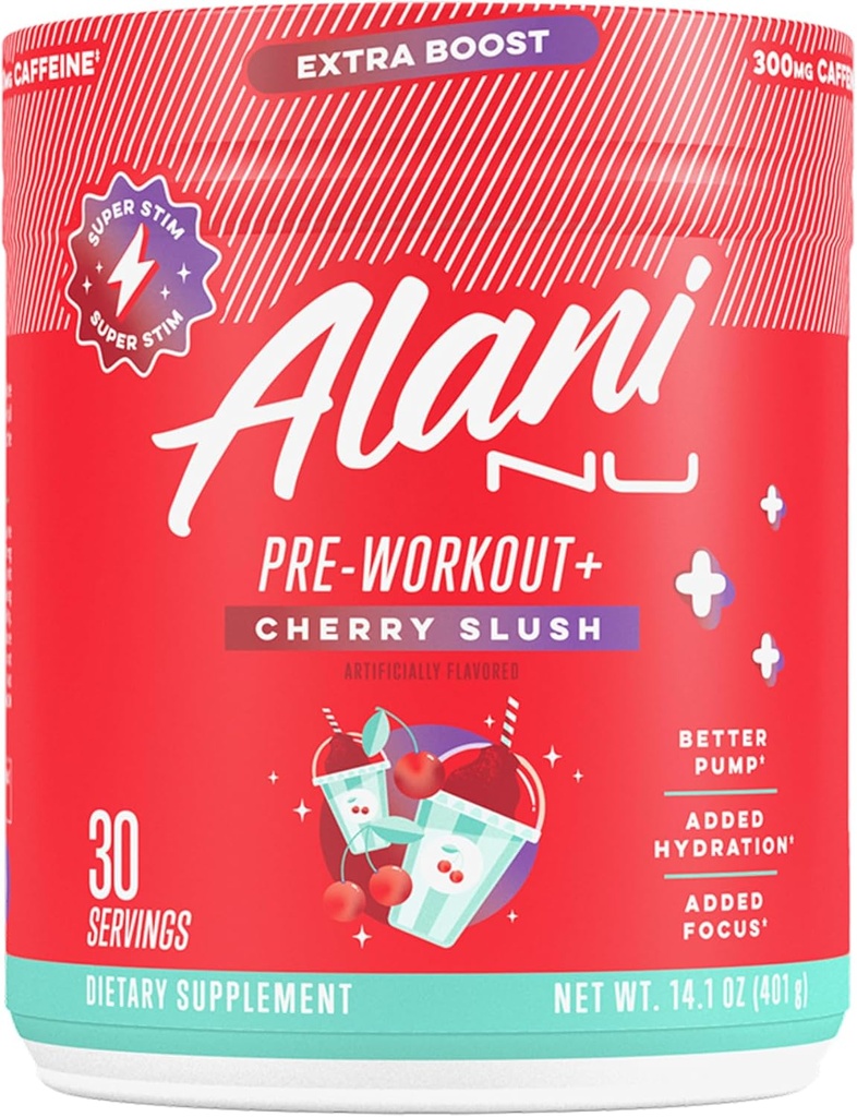 Alani Nu Pre Workout+ Powder Cherry Slush, Extra Boost, Sugar Free, 300mg Caffeine, L-Theanine, Beta-Alanine, Citrulline, 30 Servings 2