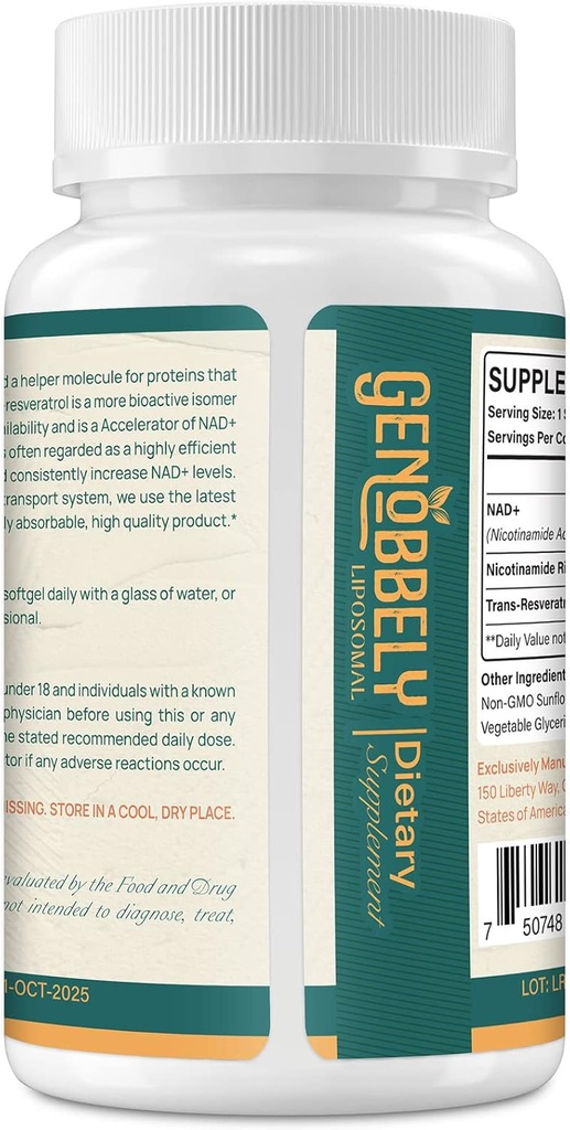 800 mg Liposomal NAD+ Supplement with Nicotinamide Riboside 200 mg, Trans-Resveratrol 100 mg - True NAD Supplement for DNA Repair, Healthy Aging, Brain Function - 360-Day Supply 4