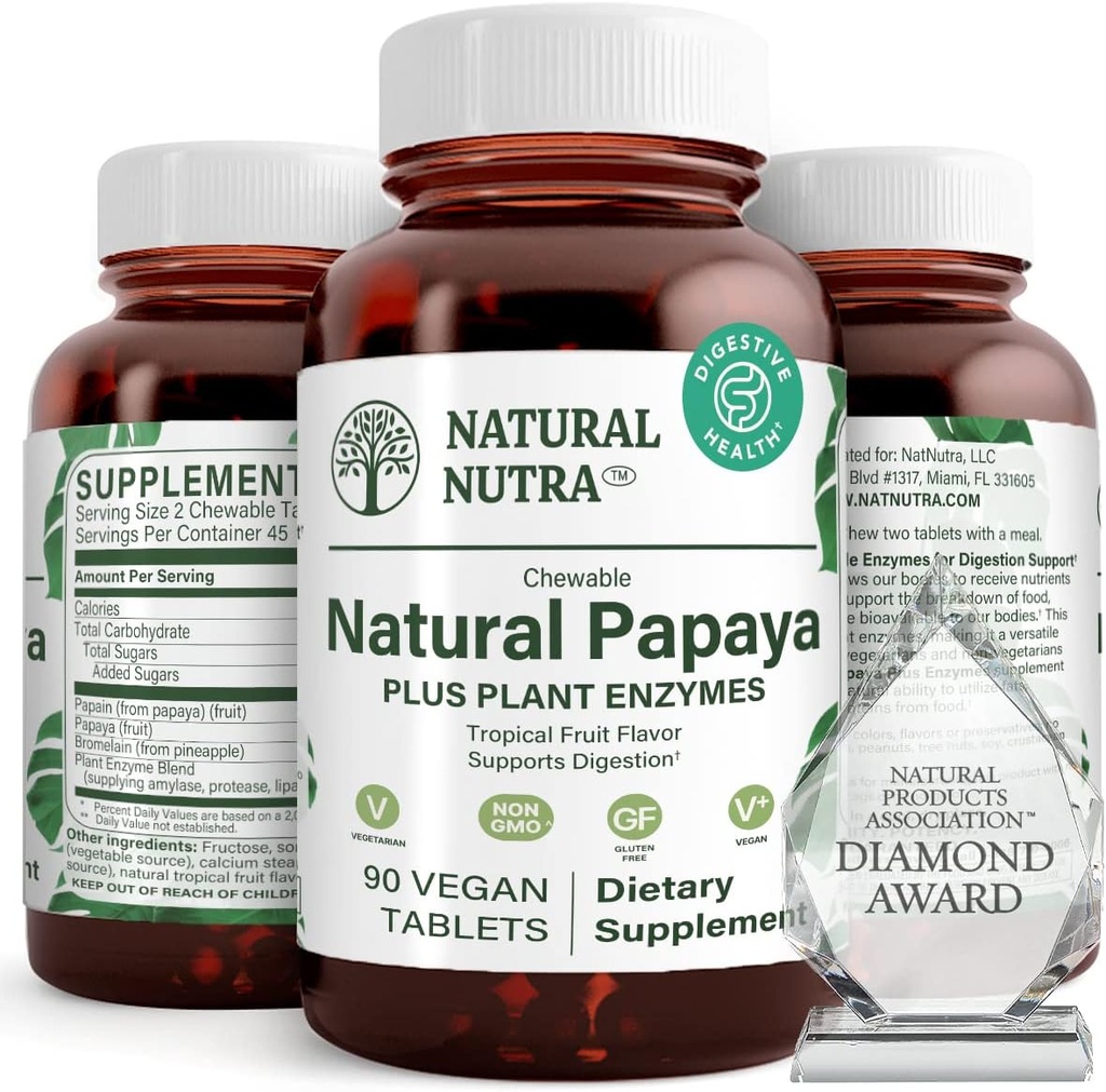Natural Nutra Papaya Chewable Enzymes for Digestion and Body Cleanse - Supports Digestive Health, Ease Gastrointestinal Discomfort - Nutrient Absorption and Reduces Bloating - 90 Vegan Tablets 2