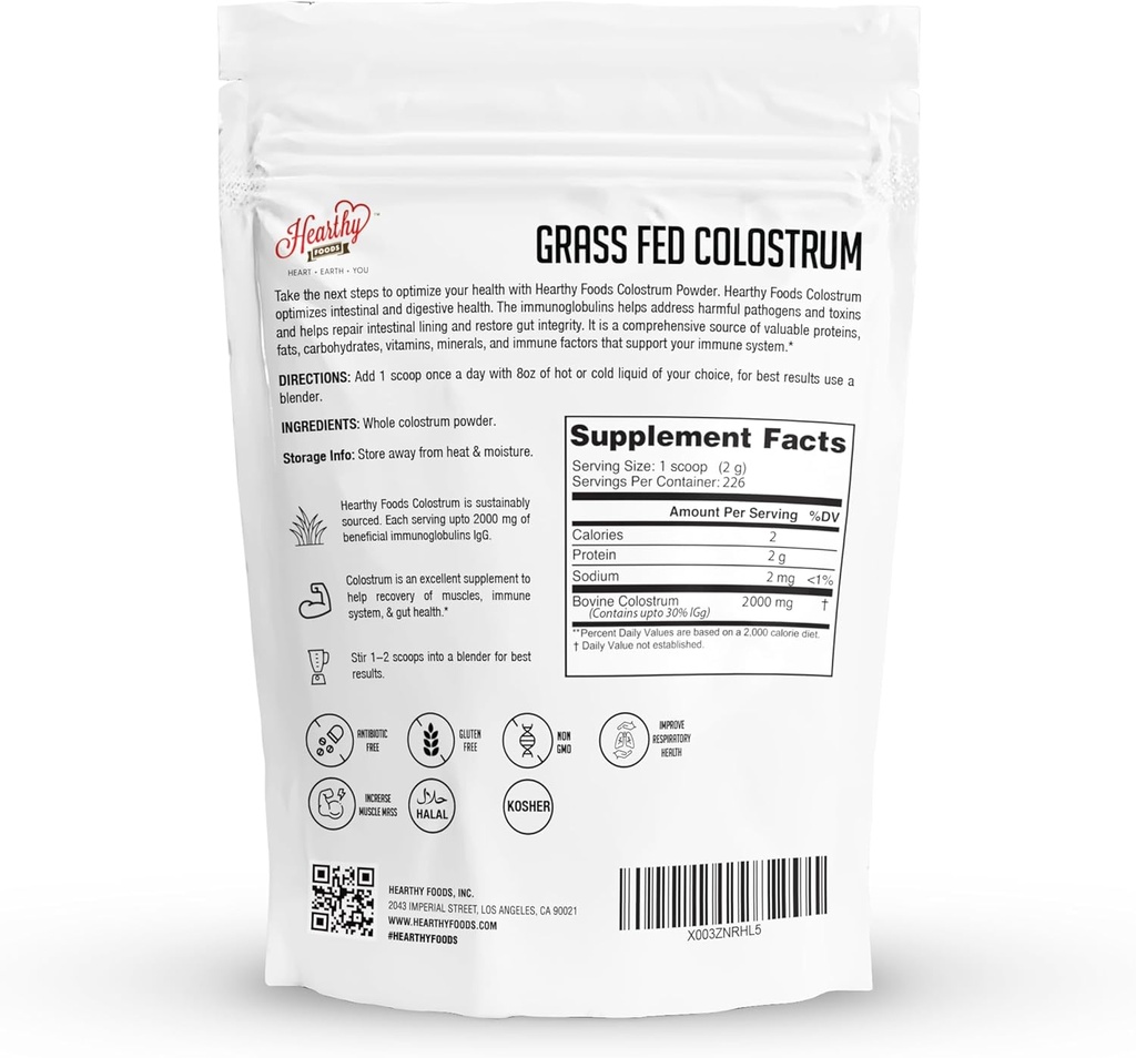 HEARTHY FOODS Bovine Colostrum Powder - Upto 30% IGG, 90 Servings, Leaky Gut Repair Supplements, Gut Health and Immune Support | Grass-Fed Halal Non GMO, Gluten Free 16Oz 454g 3