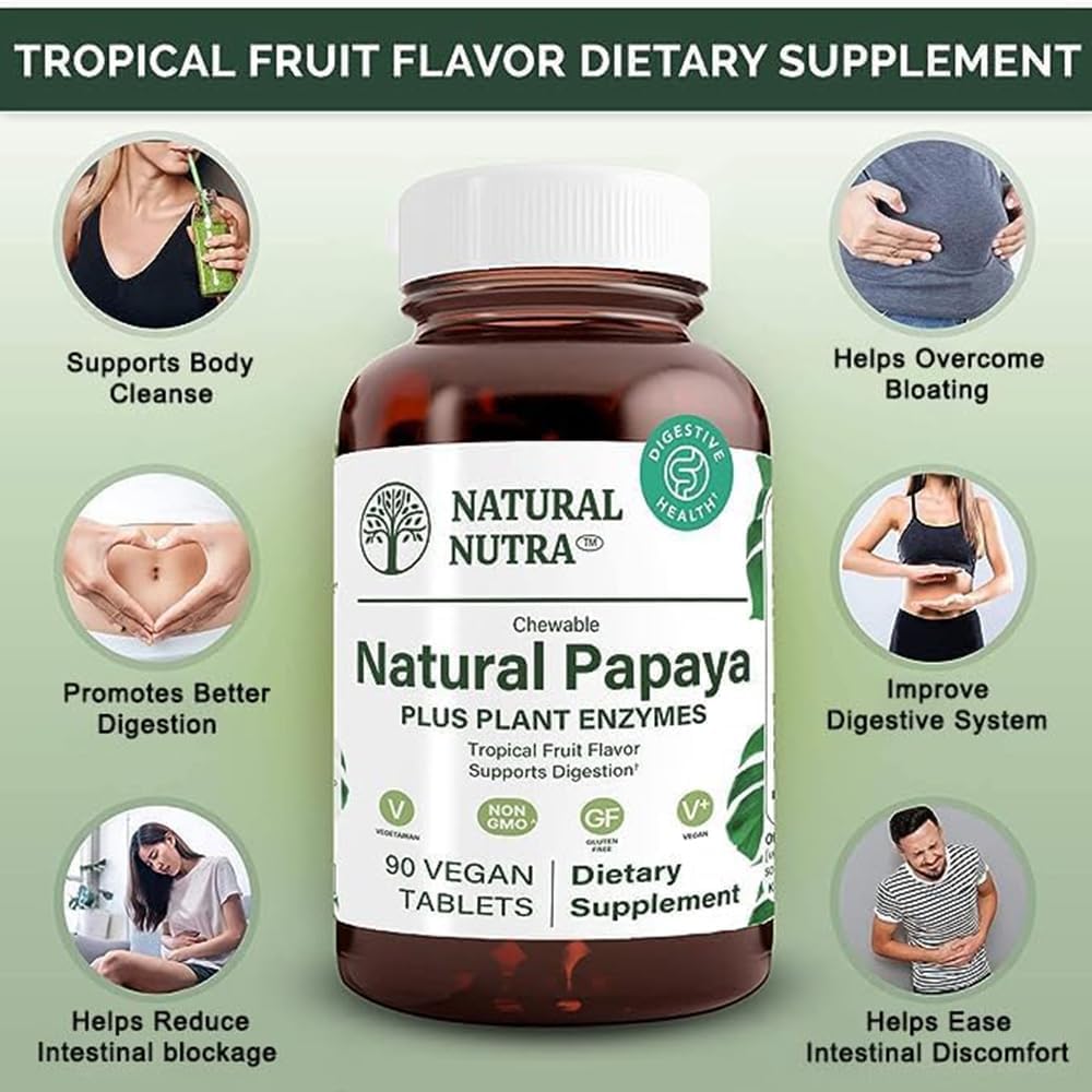 Natural Nutra Papaya Chewable Enzymes for Digestion and Body Cleanse - Supports Digestive Health, Ease Gastrointestinal Discomfort - Nutrient Absorption and Reduces Bloating - 90 Vegan Tablets 4