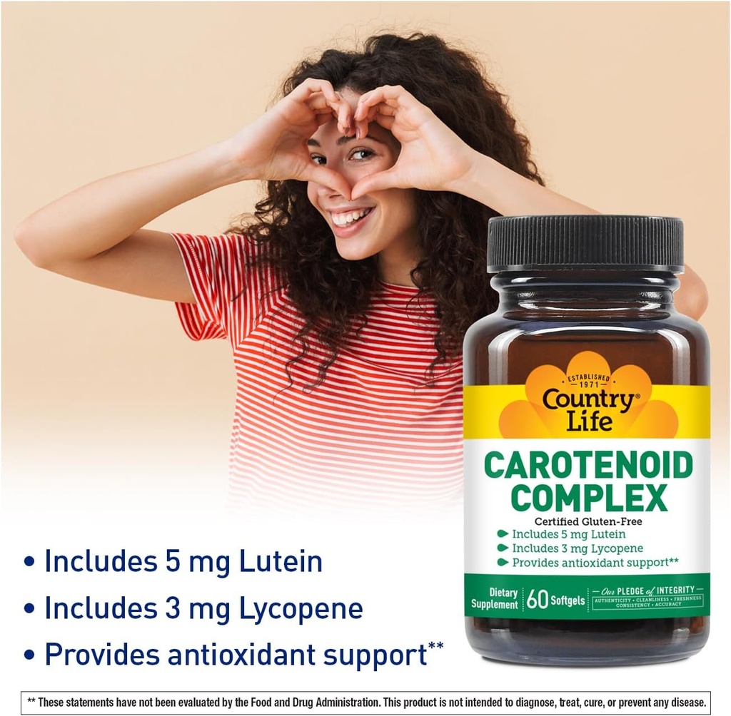 Country Life Carotenoid Complex with Lutein, Lycopene and Astaxanthin, 60 Softgels, Antioxidant Support 3